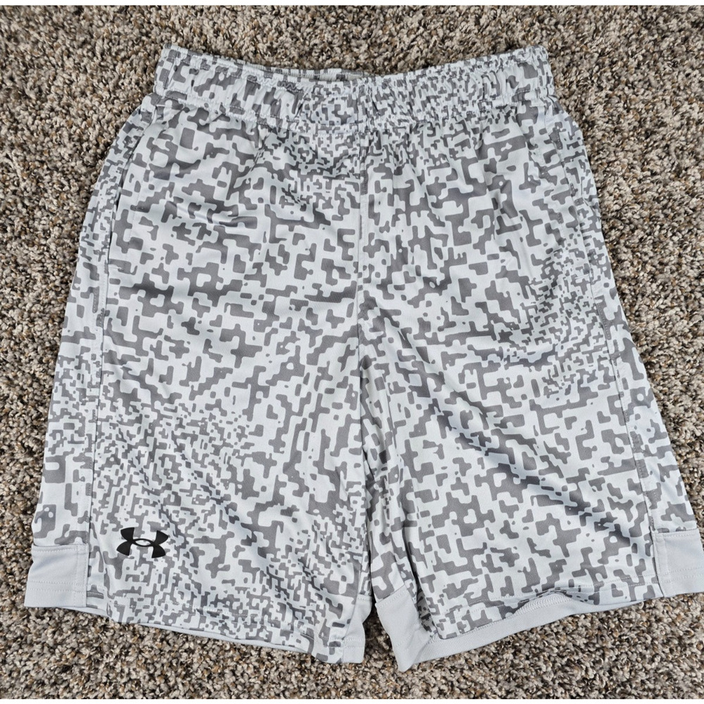 Under Armour Boys Sz L Athletic Basketball Shorts Gray Camo Print